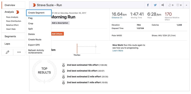 Navigation window on Strava web pages