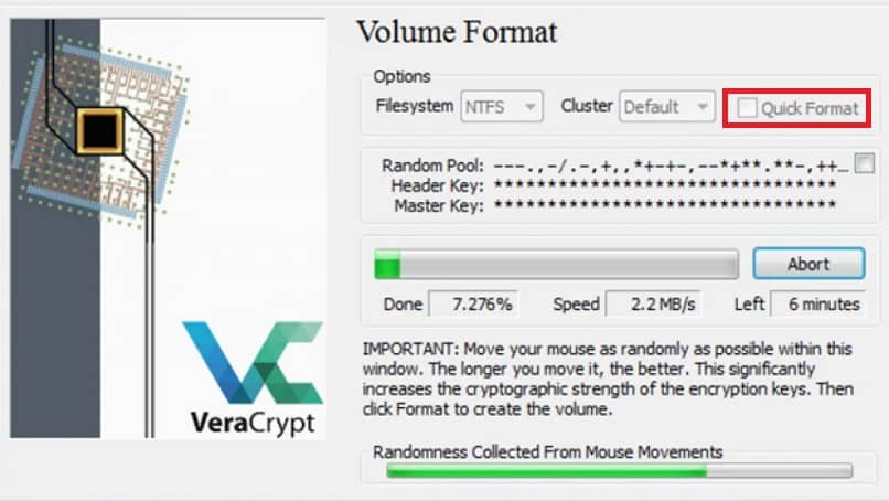 veracrypt allows for quick formatting