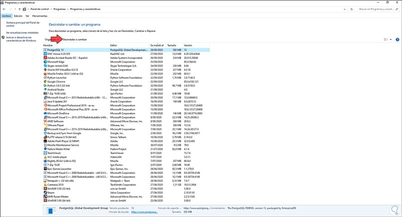 Uninstall postgresql from control panel in windows 10